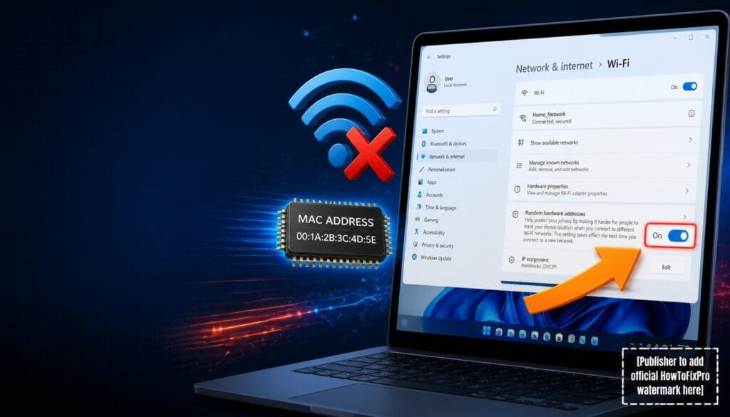 Random MAC address WiFi bug fix guide showing Wi-Fi settings with Random hardware addresses toggle.