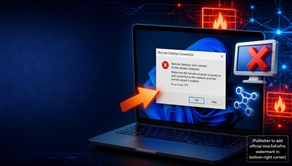 RDP connection failed fix guide showing Remote Desktop error message and troubleshooting graphics.