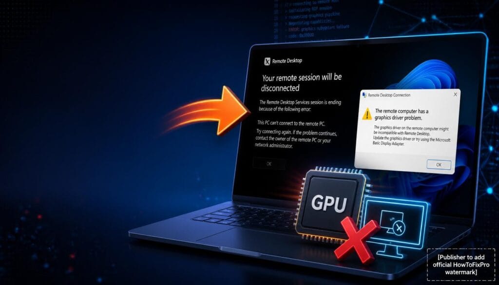 RDP graphics driver fix guide showing Remote Desktop black screen and troubleshooting graphics.
