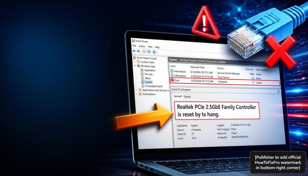 Realtek 2.5GbE TX Hang error fix guide showing Event Viewer error and troubleshooting graphics.
