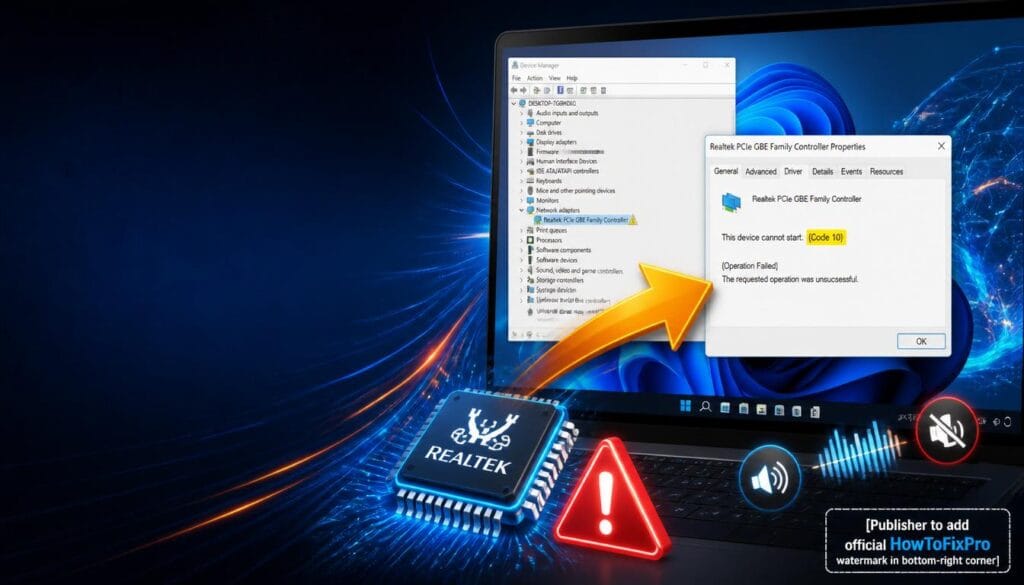 Realtek driver issues Windows 11 guide showing Device Manager with yellow exclamation mark and troubleshooting graphics.