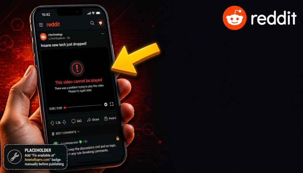 Reddit videos not playing error displayed on a smartphone with a black screen and error message.