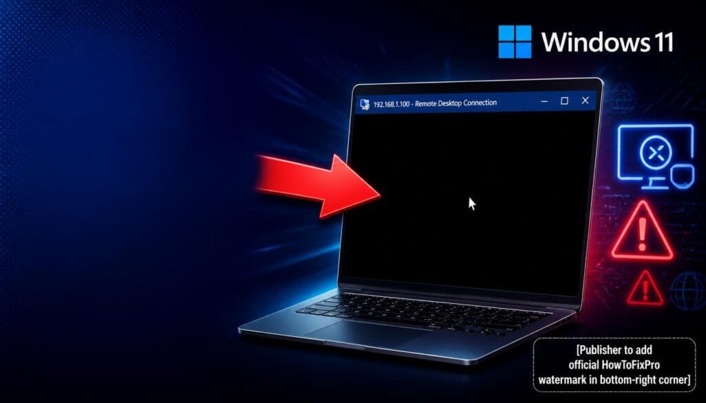 Remote Desktop (RDP) Black Screen After Login displayed on Windows 11 with connection bar visible