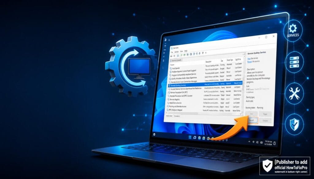 Remote Desktop Services restart fix guide showing Services window with TermService highlighted.