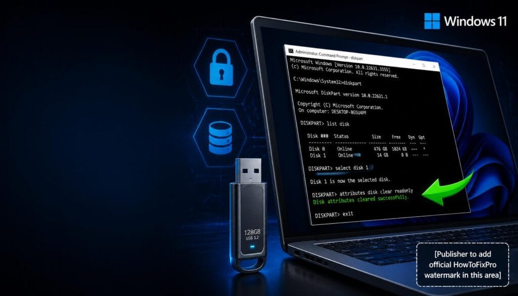 remove write protection from usb using diskpart displayed in Windows Command Prompt with success message