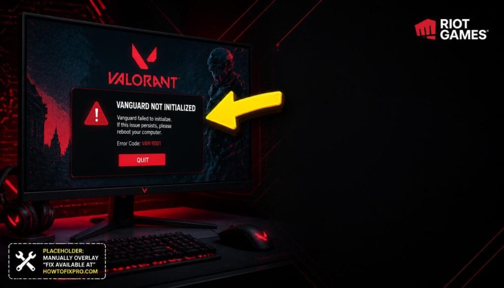 Riot Vanguard Not Initialized error displayed on a gaming monitor with a red warning icon.