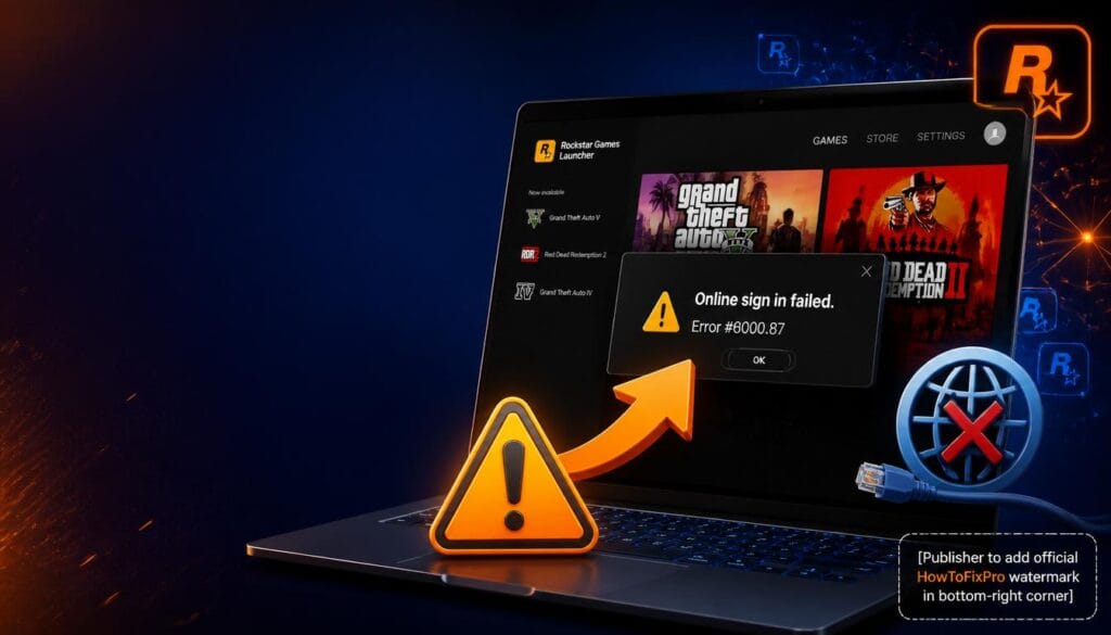 Rockstar Games Launcher error 6000 87 fix guide showing online sign-in failed error and troubleshooting graphics.