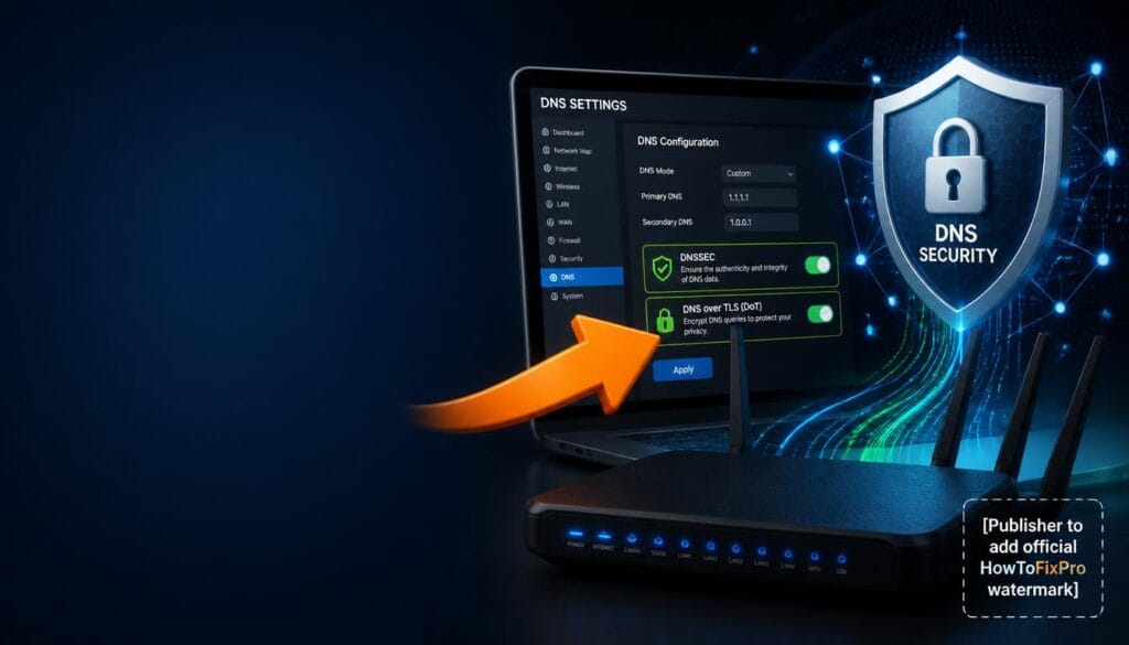 Router DNS security best practices guide showing DNS settings with DNSSEC and DoT options highlighted.
