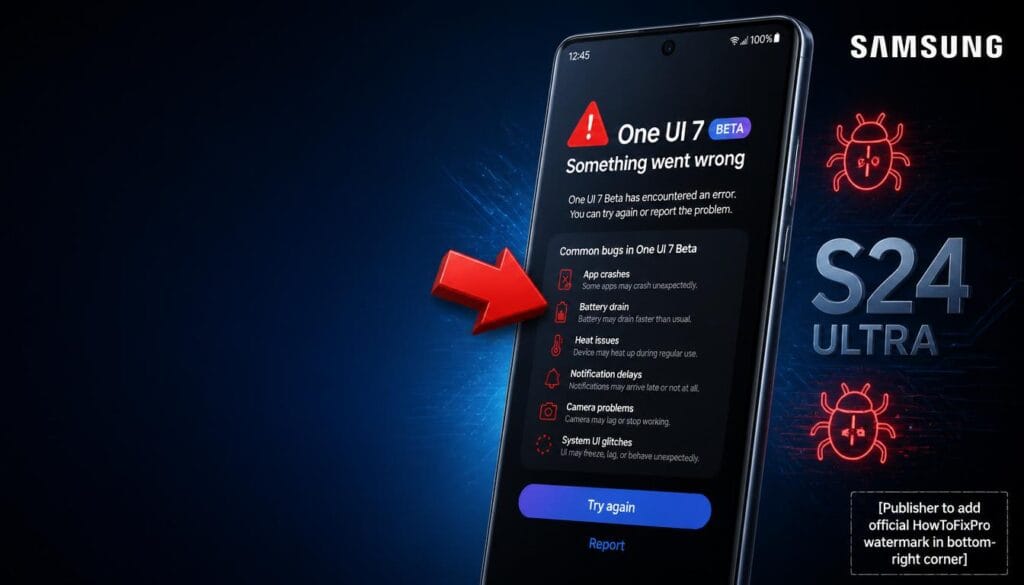 samsung one ui 7 beta common bugs displayed on smartphone with error messages