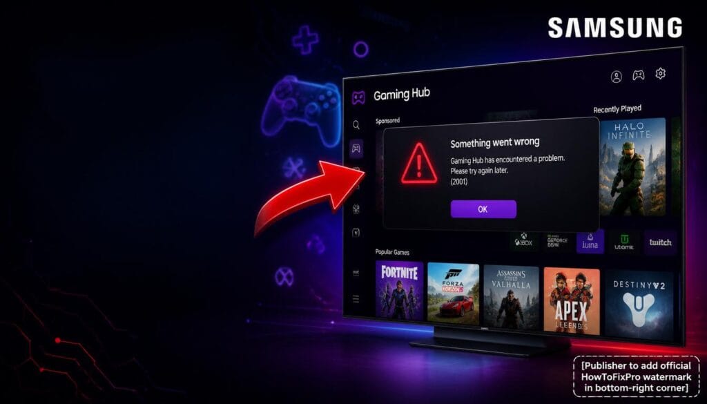 samsung smart tv gaming hub crashing displayed on TV screen with error message