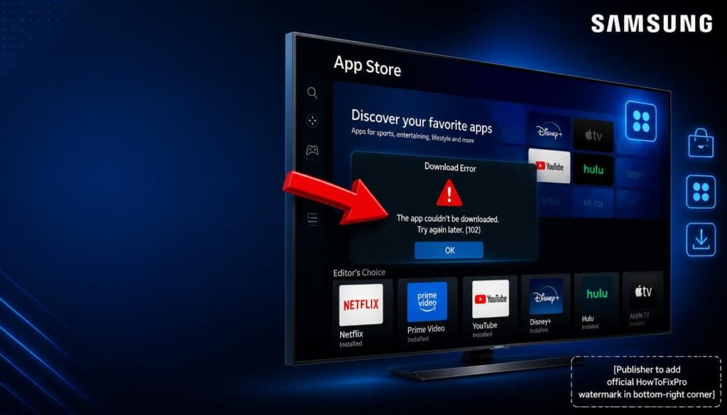 samsung tv app store not downloading displayed on Smart TV screen with error notification