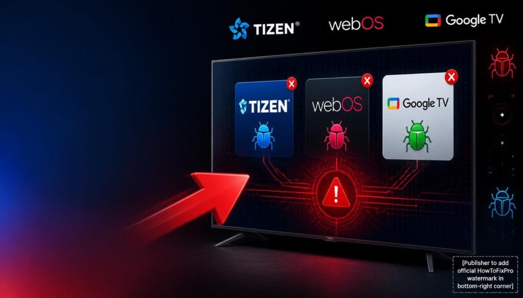smart tv tizen webos google tv bugs generic displayed on TV screen with error symbols