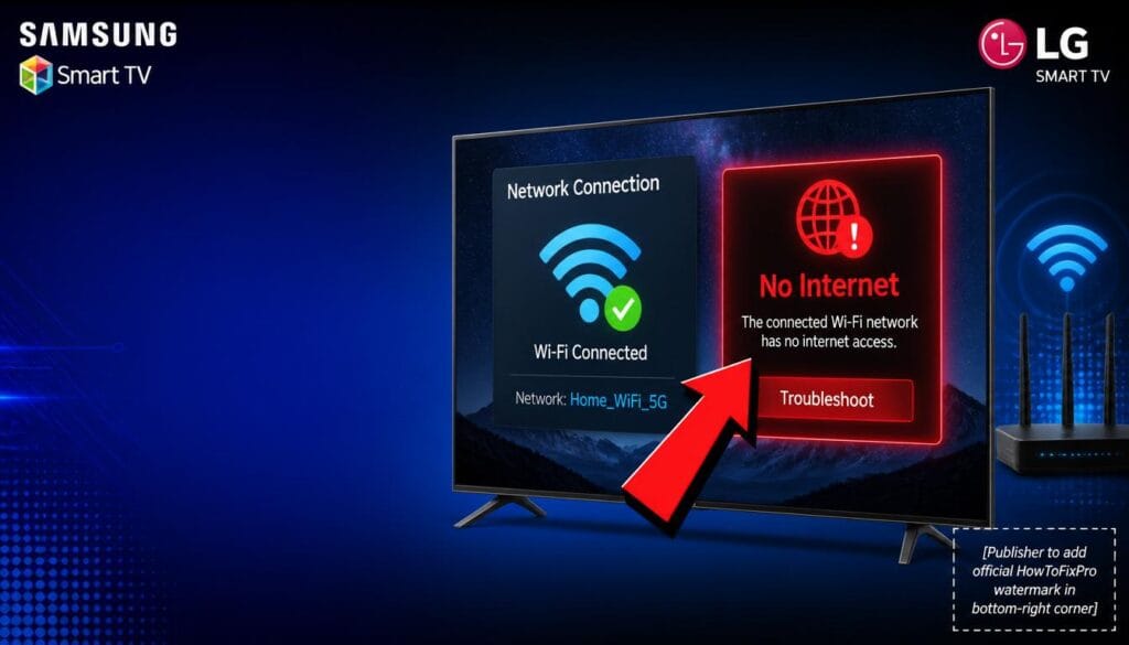 smart tv wi-fi connected but no internet displayed on Smart TV screen with warning