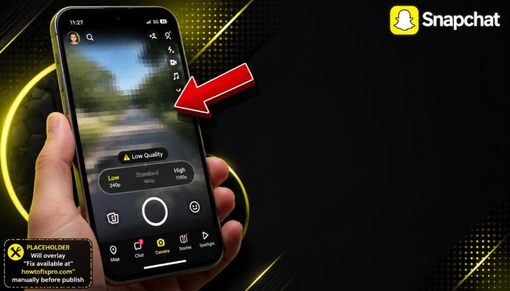 Snapchat Camera Quality Android issue showing a blurry, pixelated preview on the camera viewfinder.