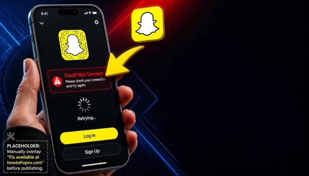 Snapchat Could Not Connect error displayed on a smartphone with a red error message.