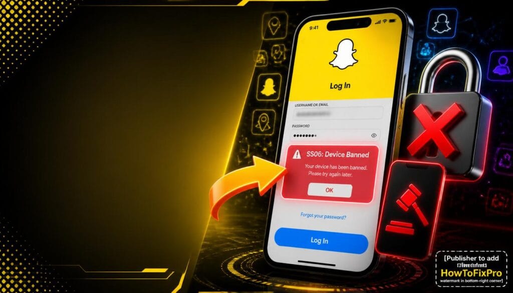 Snapchat support code SS06 fix guide showing device banned error on smartphone.