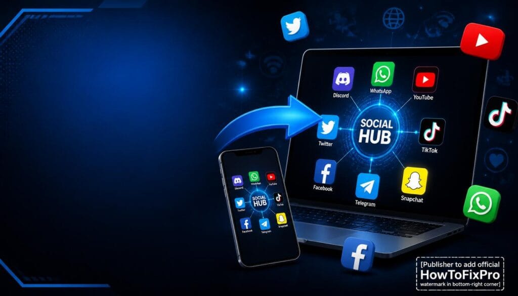 social media error fixes hub displayed on laptop and phone with Discord, WhatsApp, YouTube, TikTok, Snapchat, Telegram, Facebook, Twitter icons