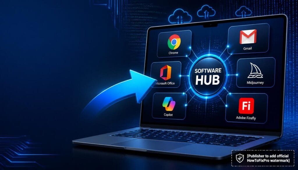 software and web apps hub displayed on laptop with Chrome, Gmail, Office, Midjourney, Copilot, Adobe Firefly icons