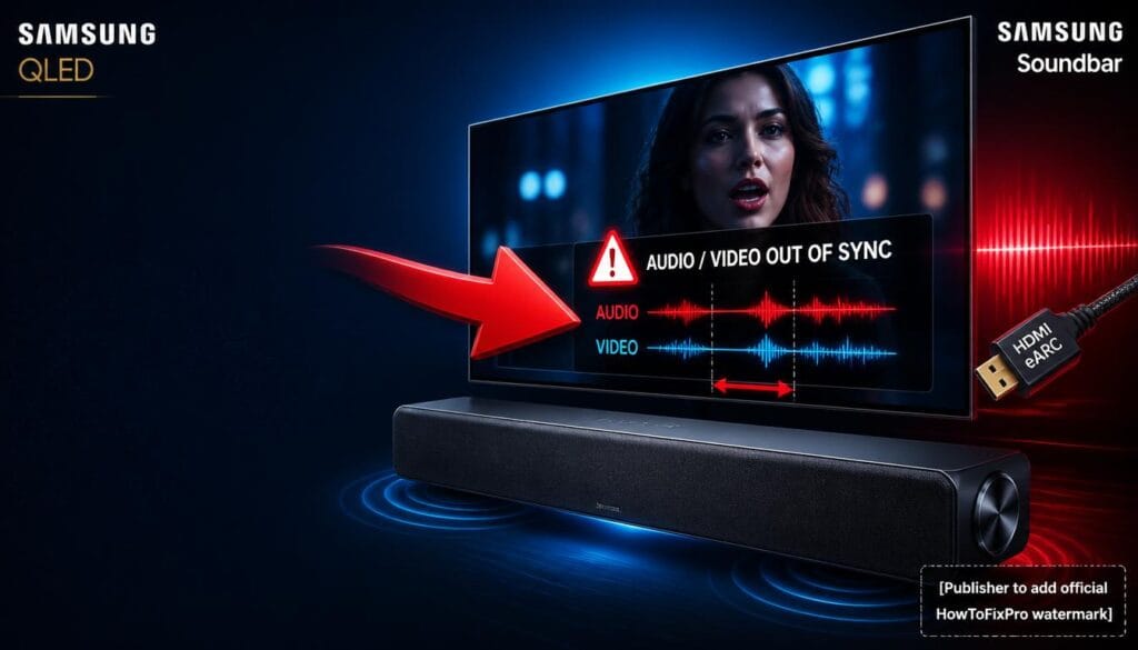 soundbar audio out of sync via HDMI ARC/eARC displayed on TV screen with lip-sync warning