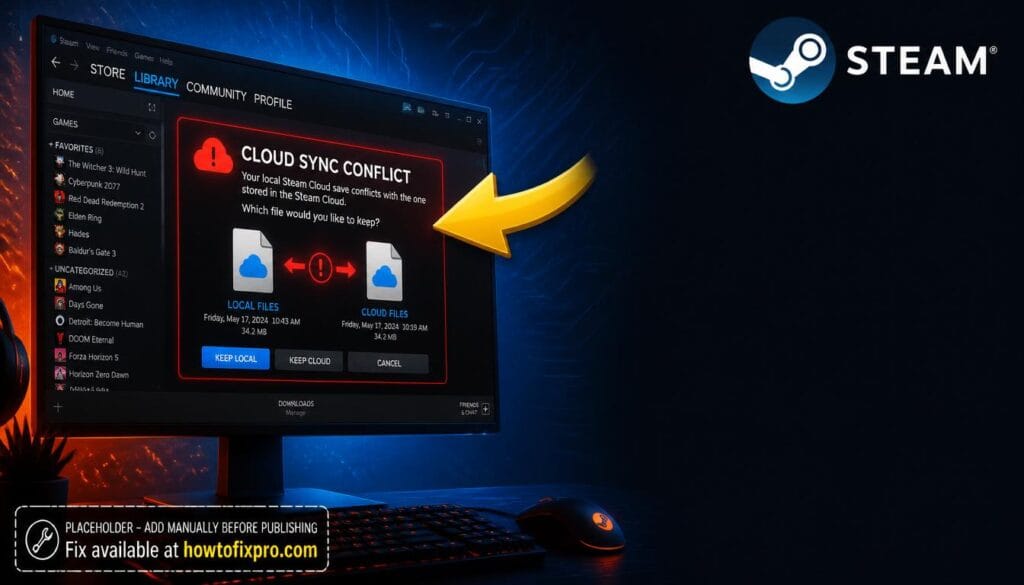 Steam Cloud Sync Conflict error displayed on a gaming monitor with a red warning message.