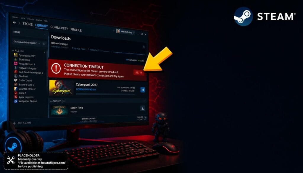 Steam Connection Timeout During Download error displayed on a gaming monitor with a red warning message