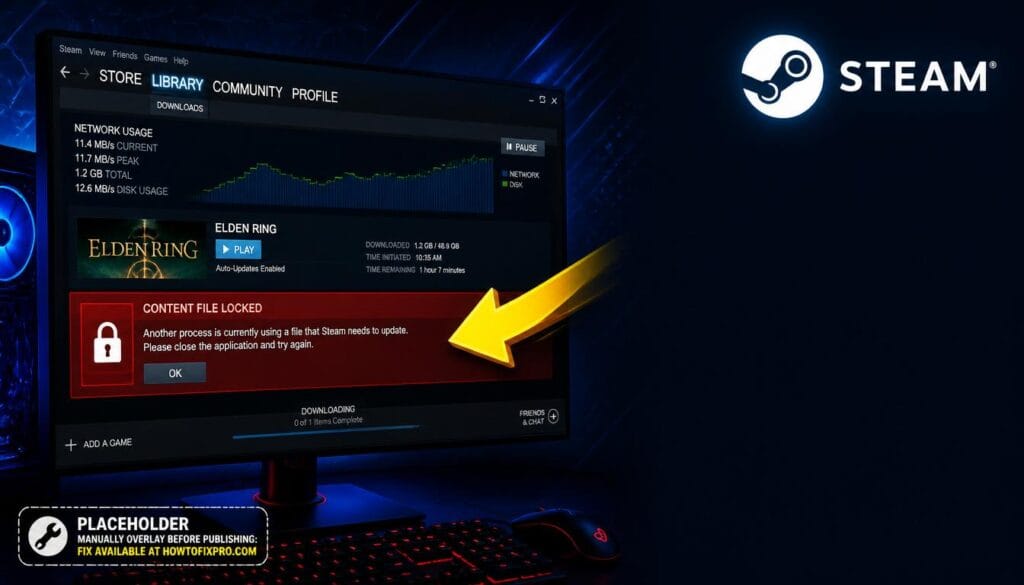 Steam Content File Locked error displayed on a gaming monitor with a red warning message.