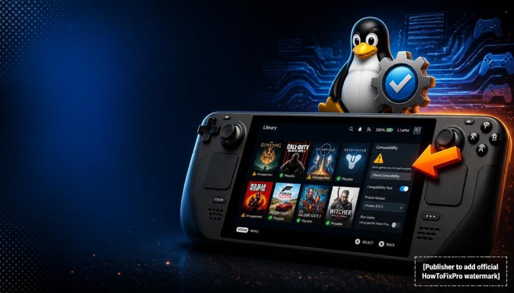 Steam Deck game compatibility fix guide showing compatibility settings and troubleshooting graphics.