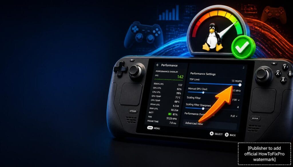 Steam Deck performance optimization guide showing FPS counter and TDP settings on screen.