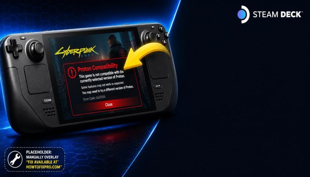 Steam Deck Proton not working for specific games error displayed with a red compatibility warning.