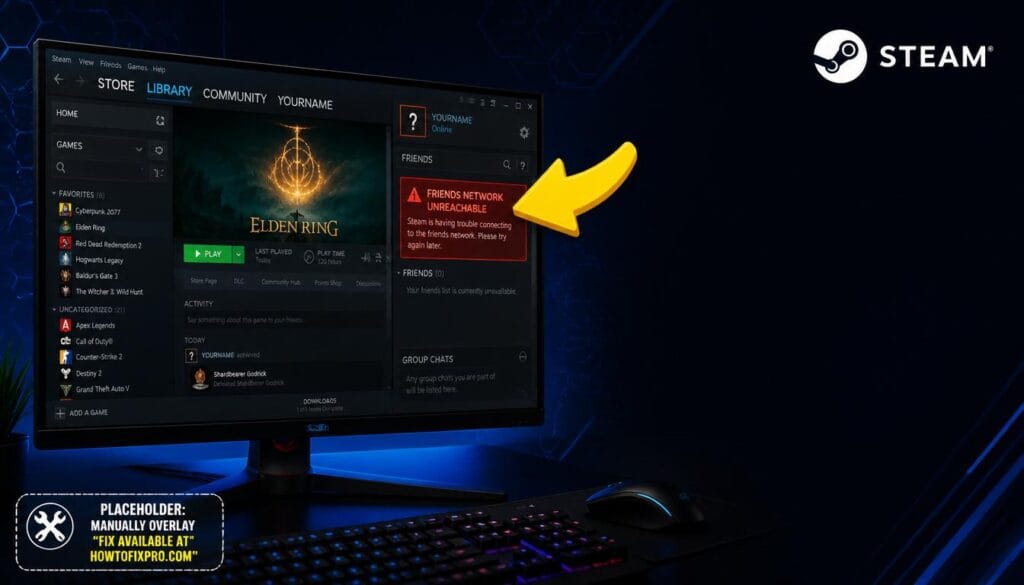 Steam Friends Network Unreachable error displayed on a gaming monitor with a red warning message.