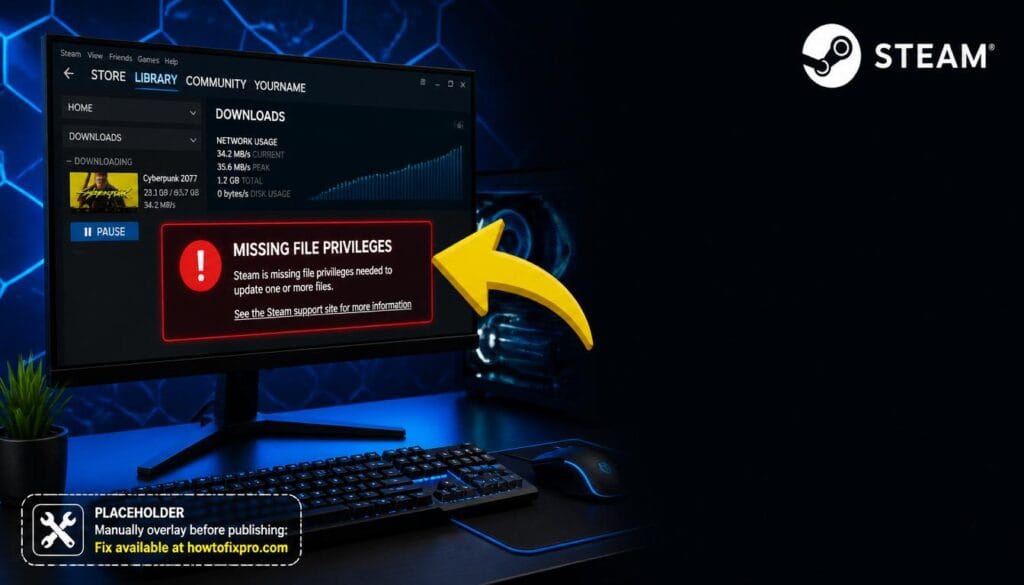 Steam Missing File Privileges error displayed on a gaming monitor with a red warning message.