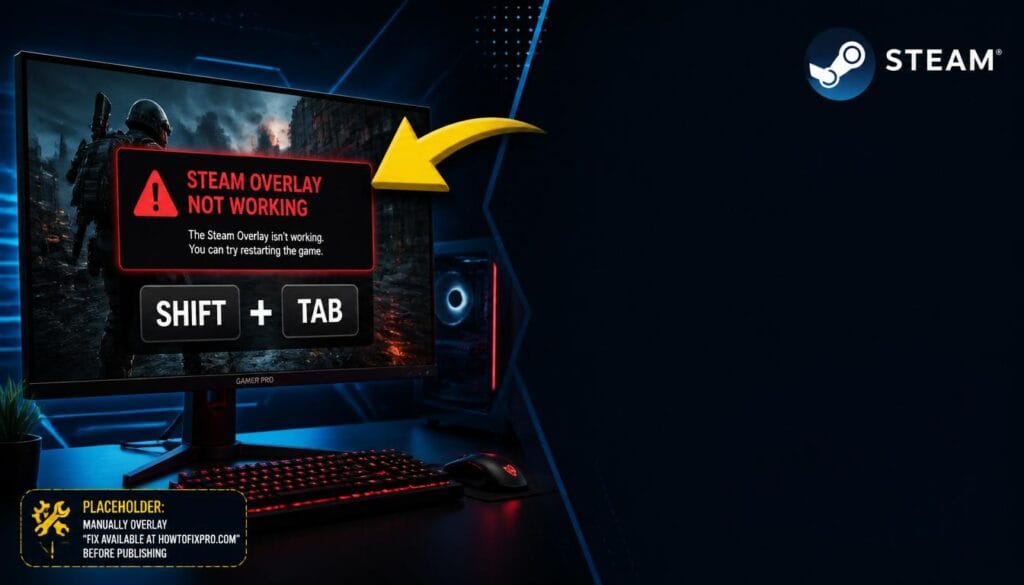 Steam Overlay Not Working in Games error displayed on a gaming monitor with a Shift+Tab key indicator.