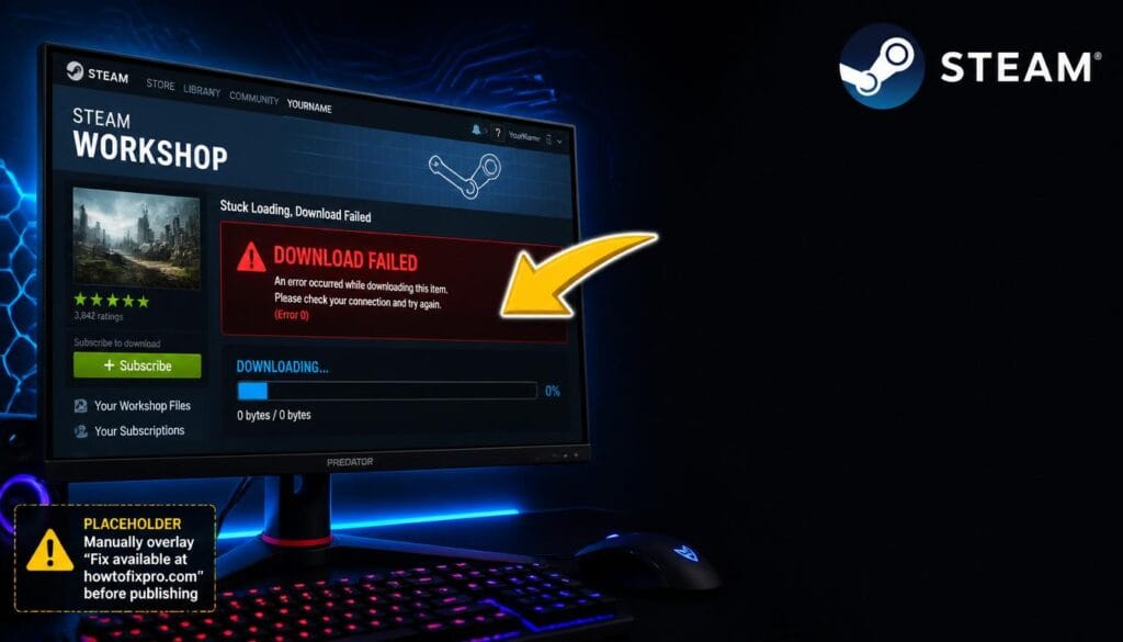 Steam Workshop not downloading mods error displayed on a gaming monitor with a red warning message.