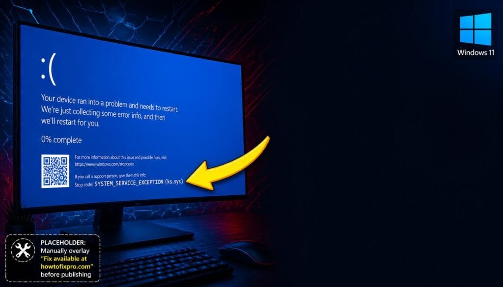 SYSTEM_SERVICE_EXCEPTION ks.sys crash displayed on a Windows 11 monitor with a red error code.