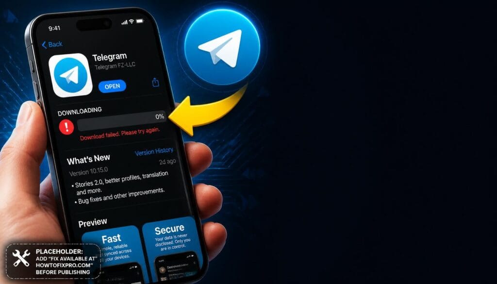 Telegram Media Not Downloading error displayed on a smartphone with a stuck download progress bar.