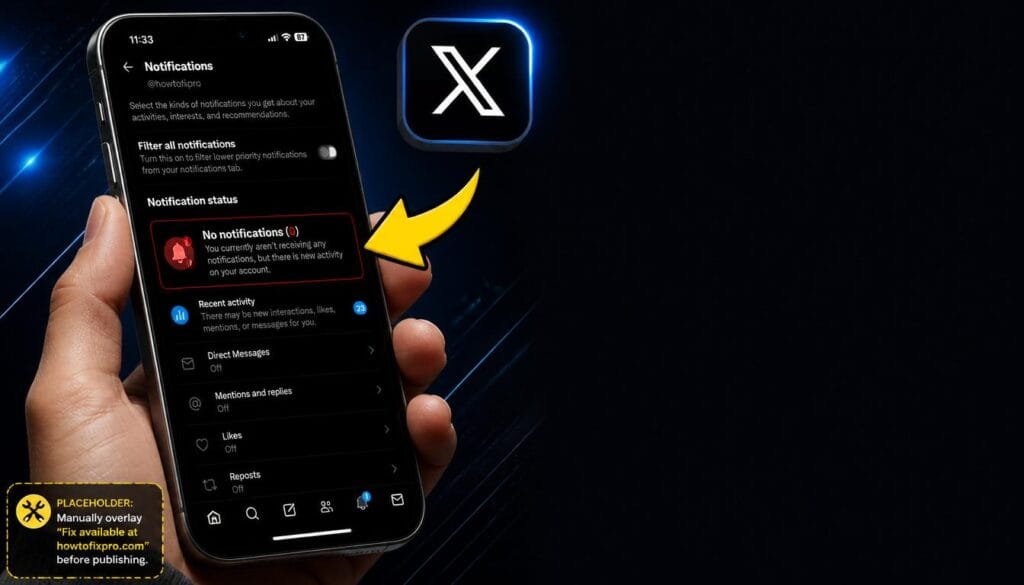 Twitter Notifications Not Showing error displayed on a smartphone with a red notification indicator.