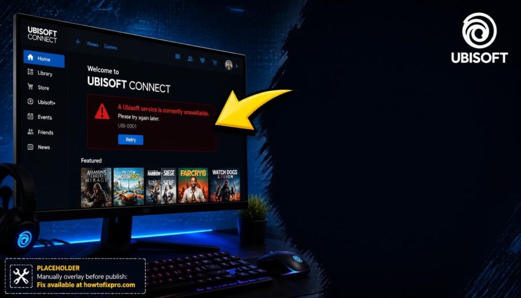 Ubisoft Connect Currently Unavailable error displayed on a gaming monitor with a red warning message.