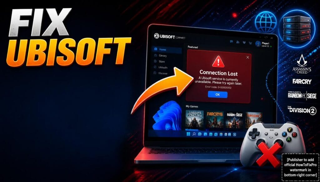 Ubisoft Connect not working fix guide showing error message and troubleshooting graphics.