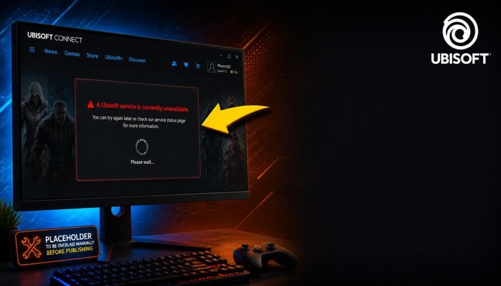 Ubisoft Connect Service Unavailable error displayed on a gaming monitor with a red warning message.