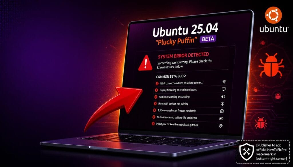 ubuntu 25.04 plucky puffin alpha beta stability issues displayed on laptop screen with error messages