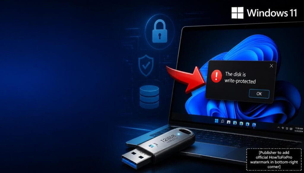 usb drive write-protected error displayed on Windows 11 with lock warning icon