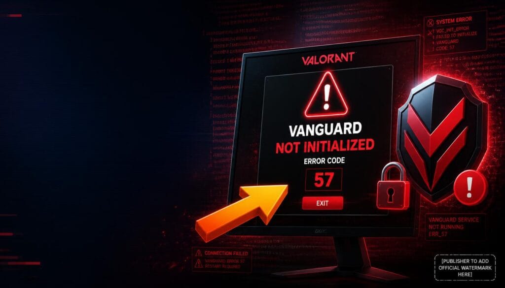 Valorant Code 57 error guide showing Vanguard Not Initialized error message with troubleshooting interface.