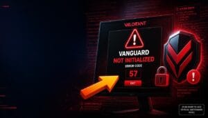 Valorant Code 57 error guide showing Vanguard Not Initialized error message with troubleshooting interface.