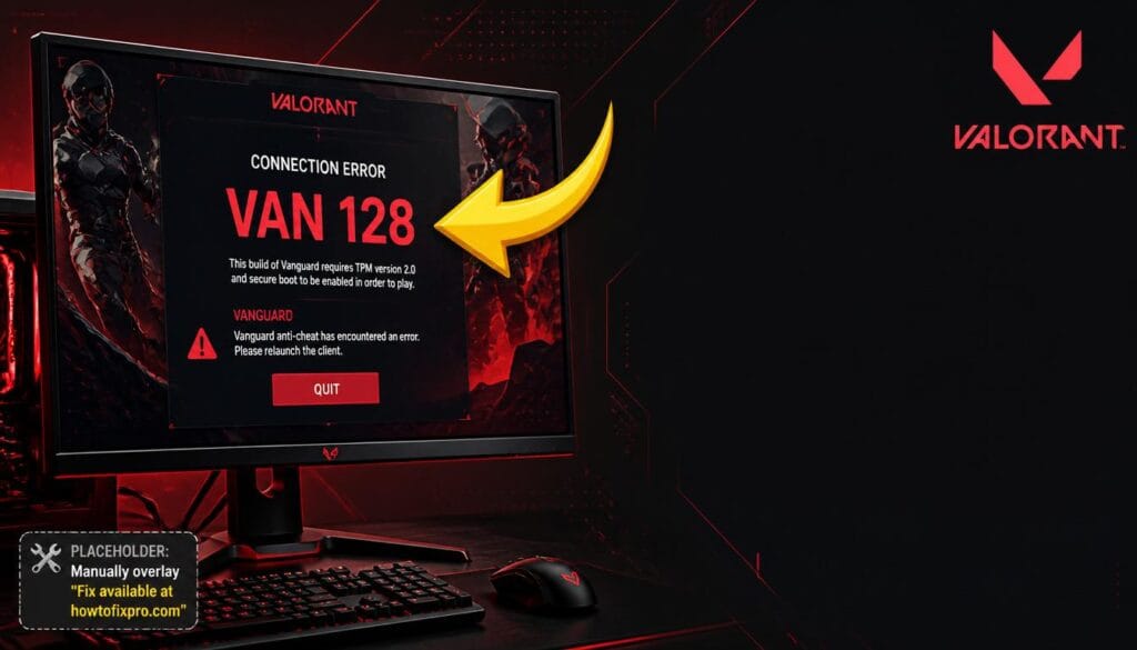 Valorant VAN 128 driver conflict Windows 11 24H2 error displayed on a gaming monitor with a red error code.