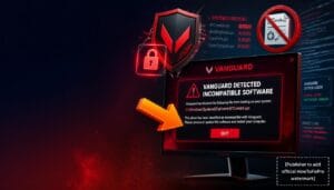 Vanguard blocking driver guide showing Valorant error message with incompatible software warning and troubleshooting interface.