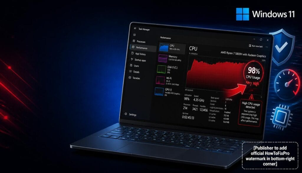 Virtualization-Based Security (VBS) Causing High CPU Usage displayed in Windows 11 Task Manager with elevated performance graph