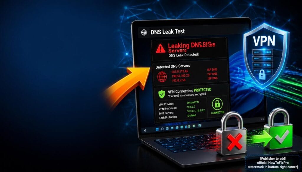 VPN DNS leak protection guide showing leak test results with warning indicators and troubleshooting graphics.