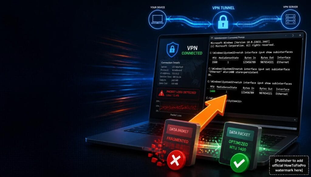 VPN MTU issues fix guide showing packet fragmentation resolution with Command Prompt and network troubleshooting graphics.