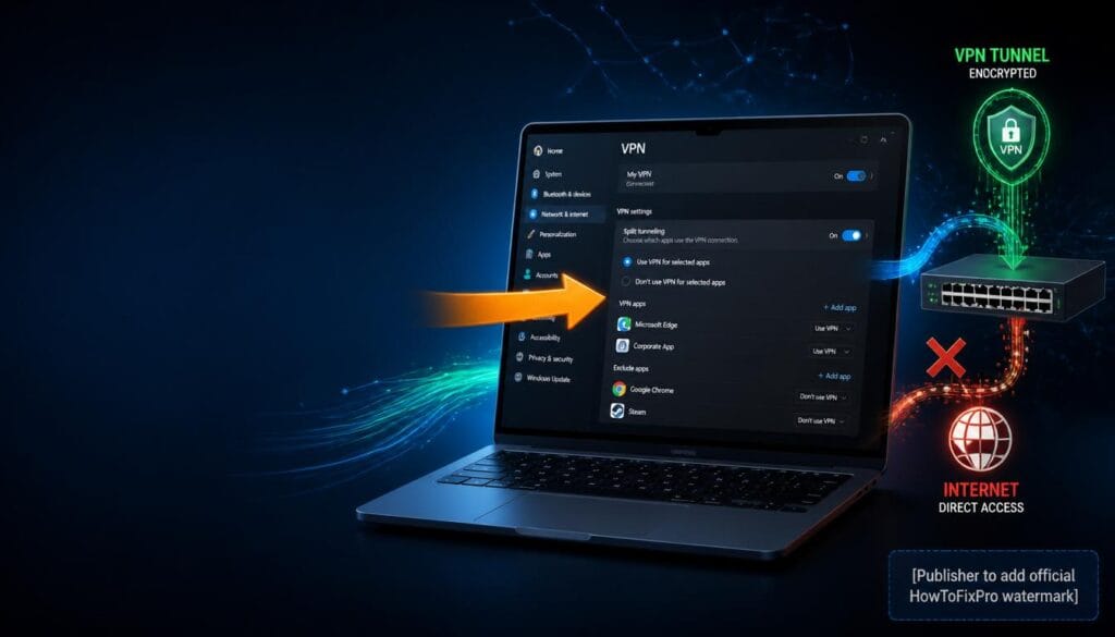 VPN split tunneling issues fix guide showing settings and network troubleshooting graphics.