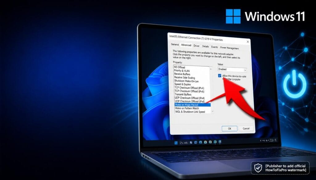 Wake-on-LAN (WOL) Not Working After Sleep displayed on Windows 11 network adapter settings